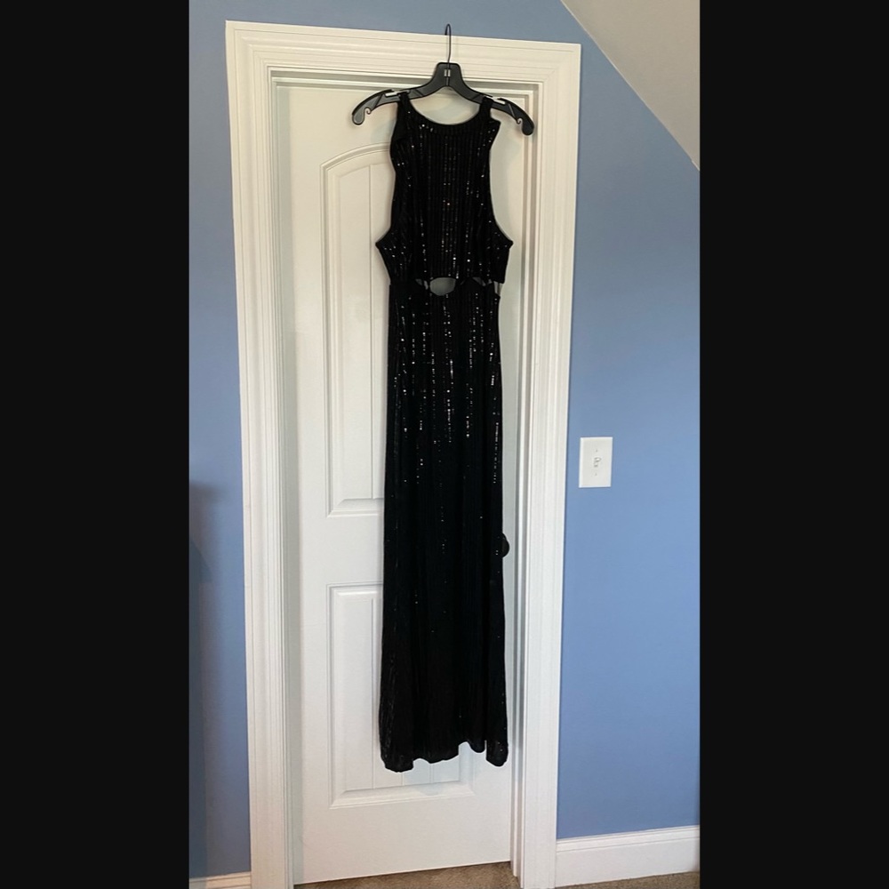 Floor-Length Black Sequin Dress, Size 14
